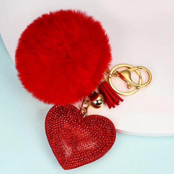 Handbags - NEW Fashion Rhinestone Heart Puff Ball with Ball and Tassle Bag Keychain…